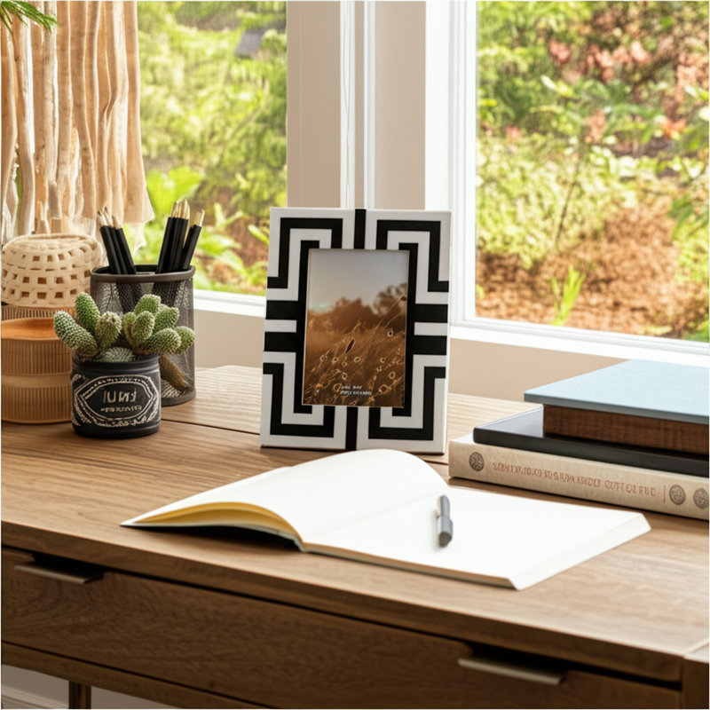Picture Frame Resin Wood & Glass Geometric Pattern Standing Back for Home Office Bedroom Boho Casual Decor - 9" Black & White