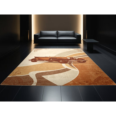 Tapis beige traditionnel lavable à la machine à motif de voiture de style rétro Daleville - reliure beige