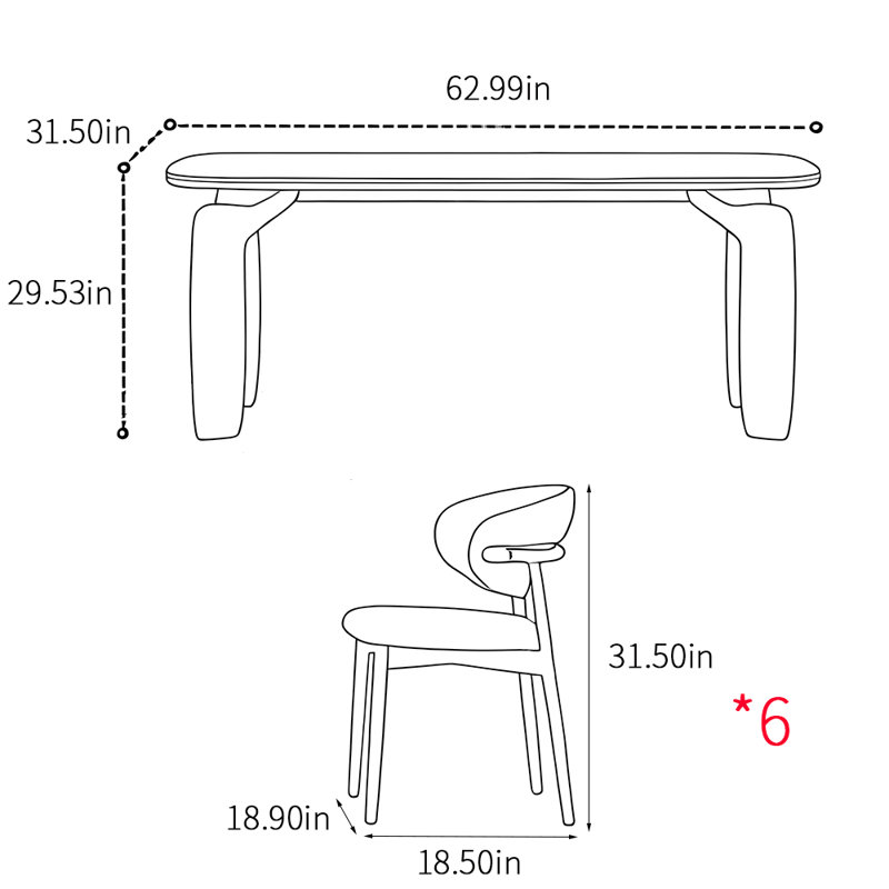 Ensembles de table de salle à manger rectangulaires simples, H 29,53 po x L 62,99 po x l 31,5 po