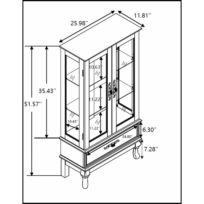 Vitrine Curio avec verre éclairé, tablettes réglables, 2 portes et 1 tiroir, finition cerisier foncé, Cerisier