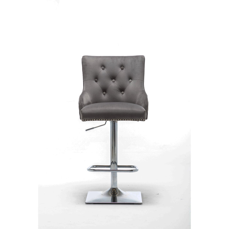 Portland Swivel Upholstered and Velvet Adjustable Height Bar Stool with Stainless Steel Frame, Dark Grey