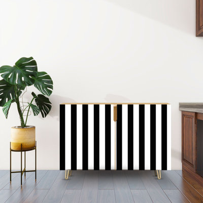Sideboard Buffet Cabinet with Storage Striped black white with 2 Doors for Living Room and Kitchen