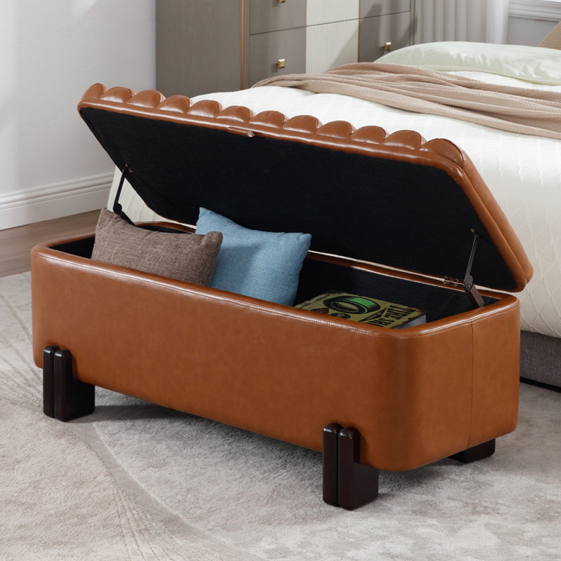 Upholstered Flip Top Storage Bench With Solid Wood Legs, Brown Faux Leather, Black