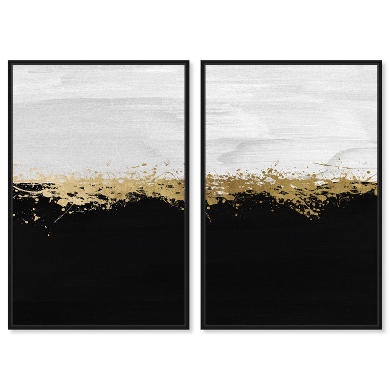 Oliver Gal Halfway in Black and White Diptych Abstract - Hand-Applied Leaf Framed Canvas Art, 46" H x 31" W, Black