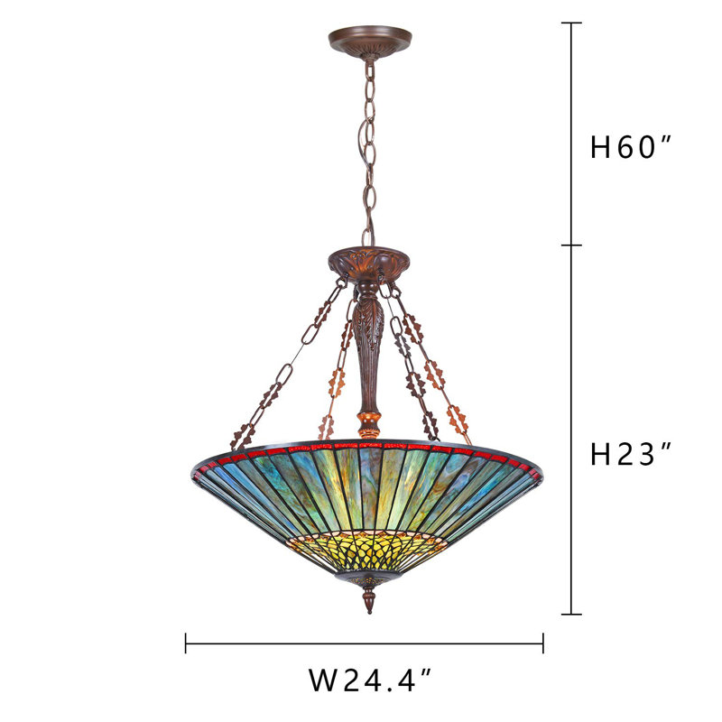Grande lampe suspendue en verre coloré 3 lumières 25 pouces Tiffany, H 23 po x l 24,4 po x P 24,4 po Tiffany