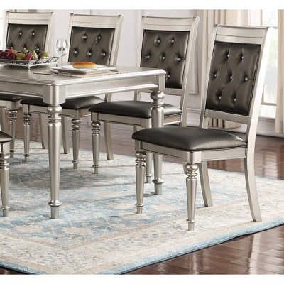 2pc Dining Chairs, Luxury Silver Accent Seat, Upholstered Cushion, Grey+silver, Rubber Wood, Classic Difference Of 2 Grey+silver Upholstered, Back With Accent, Cushion Wood