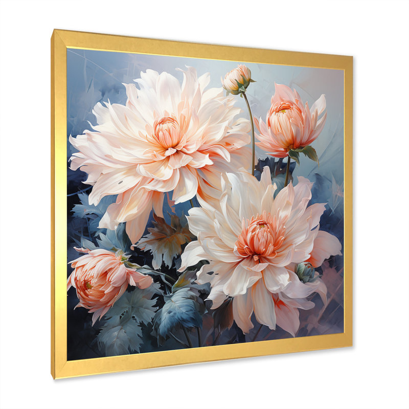 Impression romantique «I Peach Chrysanthemums Peach», H 16 po x l 16 po x P 1 po, Encadrement doré