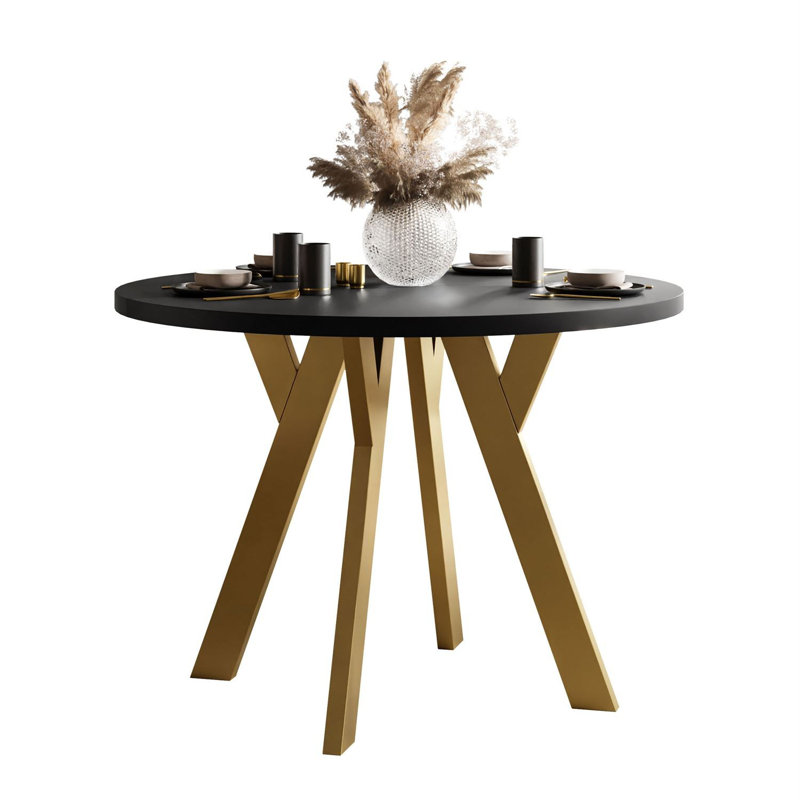 Extendable Round Metal Base Dining Table, Gold, Black