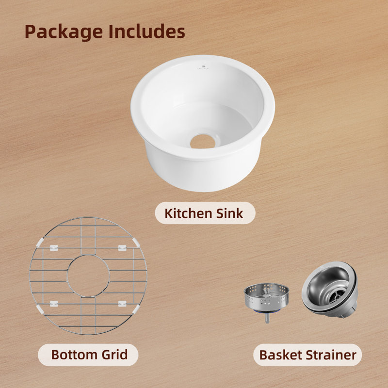 Los Flexi White Undermount Kitchen Sink, 18'' L x 18'' W x 9″ H, Standard Kit, Round Single Bowl