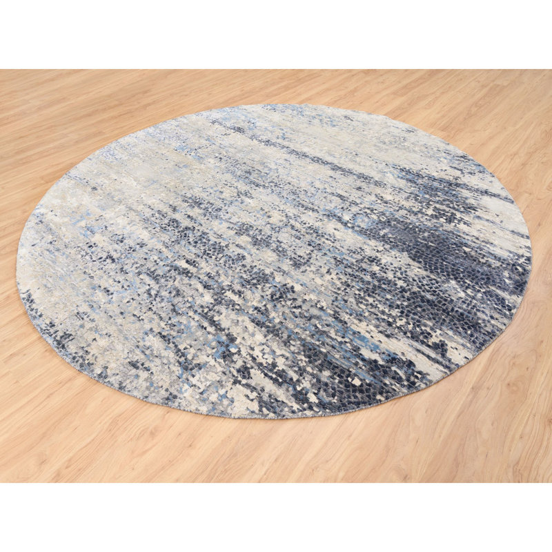 Tapis oriental rond en laine et soie bleu noué à la main 10 pi x 10 pi E3B06BC4B31D4415889424CD1B97D427
