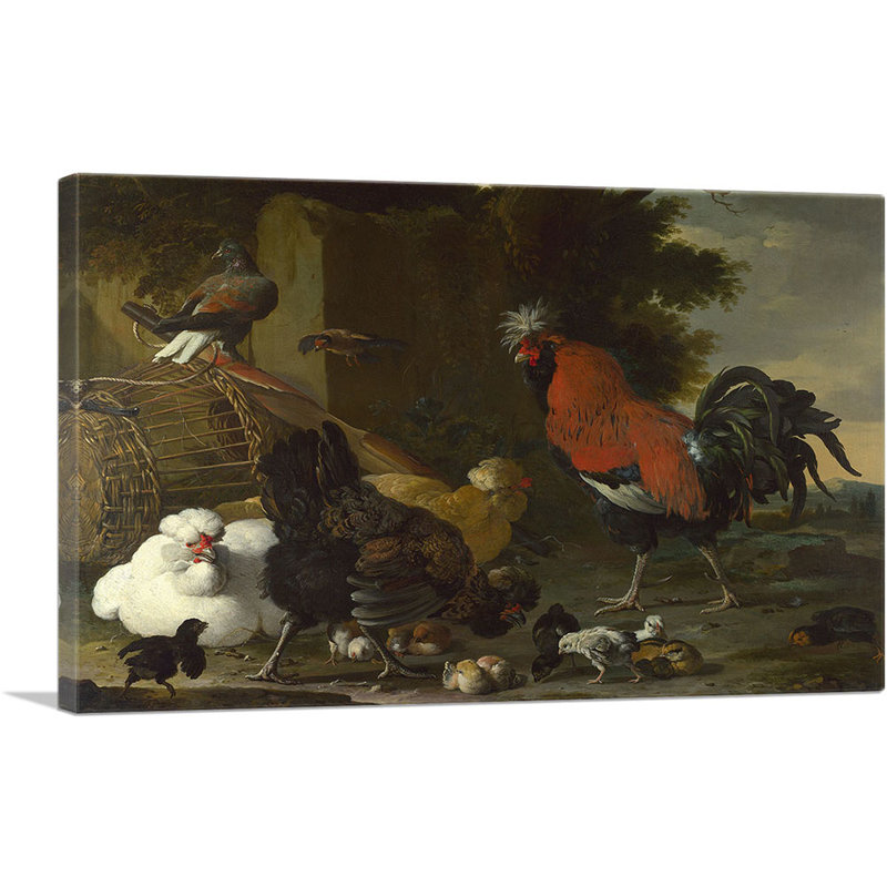 «Yard with Rooster and Hens and Chicks 1670» par Melchior d-Hondecoeter - reproduction d'art sur toile tendue