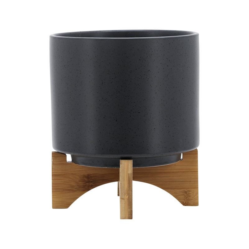 Pot à fleurs 8 po avec support en céramique et bois gris mat, plateforme de poterie d'intérieur