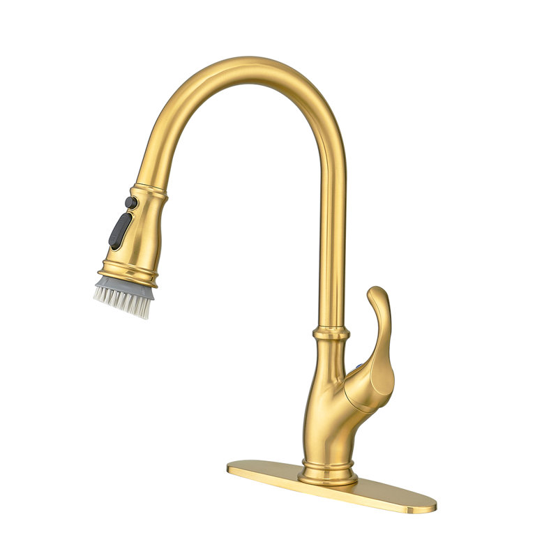 Robinet de cuisine en or brossé | Lavabo à poignée simple, douchette simple, arc arqué, évier 1 trou | Idée de cadeau