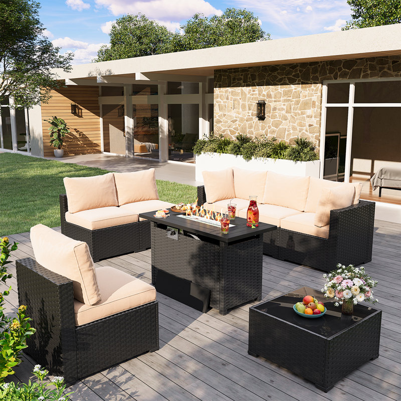 8 Pieces Patio Furniture Set With 44" Propane Gas Fire Pit Table, Conversation Set For Garden, Patio, Backyard, Beige