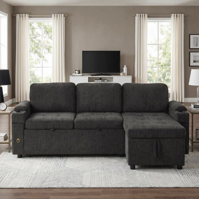 83.5"Chenille  Sectional Sofa Reversible Cushions L-Shape  Black