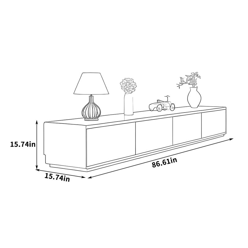 Meuble télé multi-tiroirs avec base pleine, Blanc/Brun clair, H 15,74 po x L 86,61 po x l 15,74 po