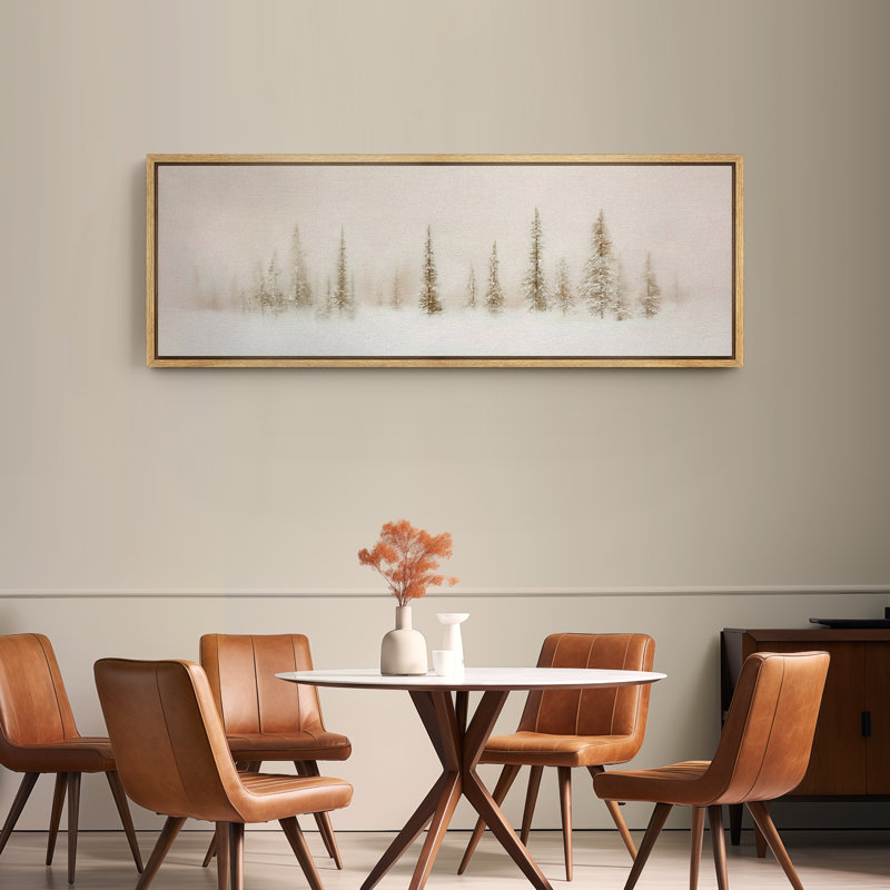 «Minimalist Foggy Snowy Pine Trees», œuvre d'art sur toile encadrée, H 20 po x l 60 po, Naturel