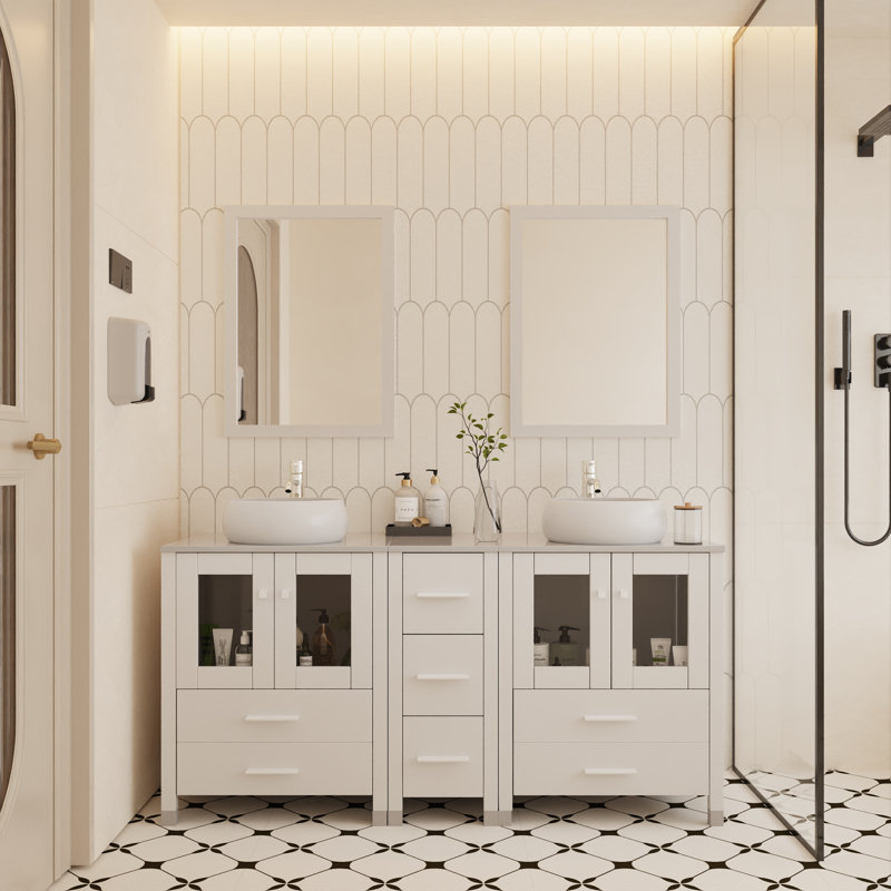 60'' Standalone Bathroom Vanity With Ceramic Sink And Mirror, White