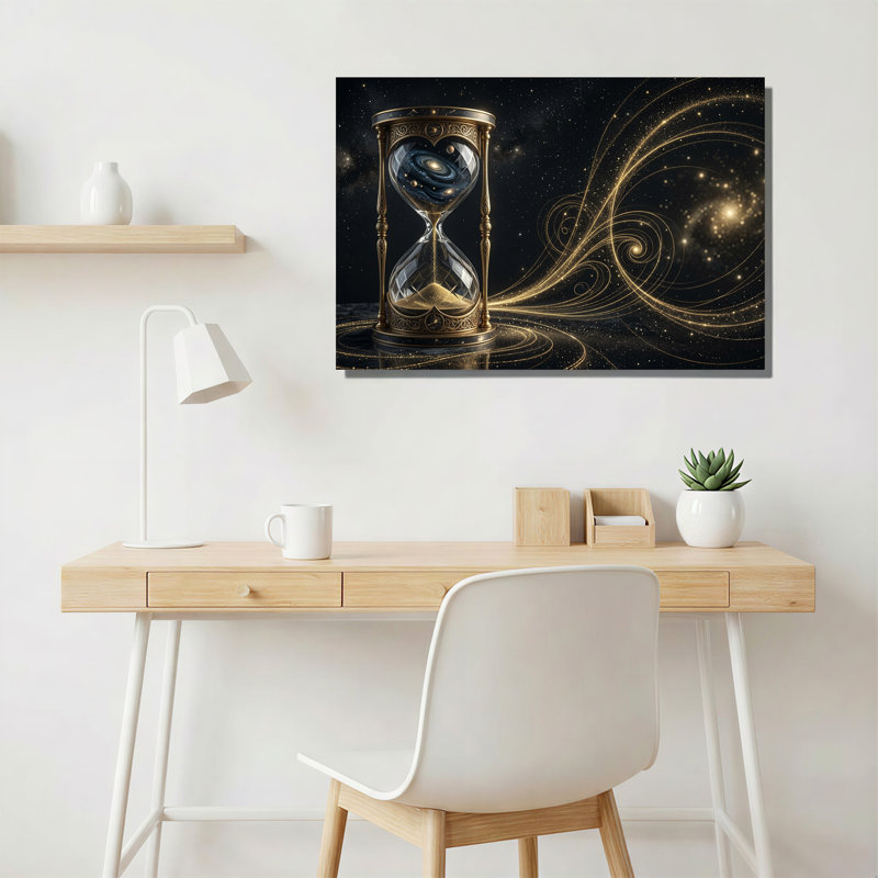 Sablier doré orné avec galaxie tourbillonnante, art mural, 16"H x 24"W