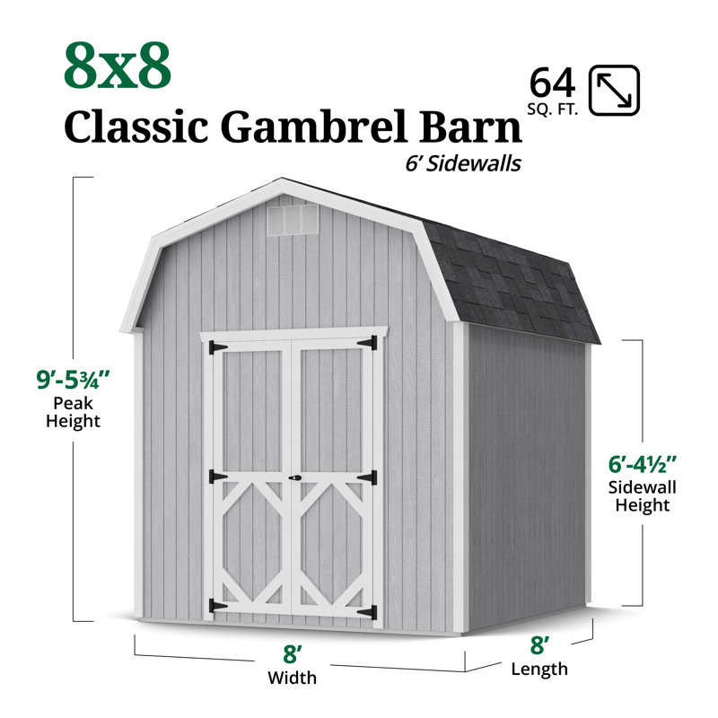 Classic Gambrel Outdoor Wood Storage Barn with 6 ft. Sidewalls, 8' W x 8' L, Yes