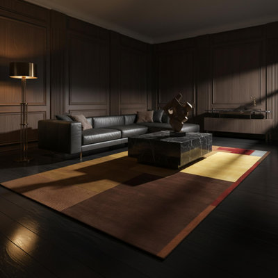 Caines Authentic Hand-Knotted Handmade Brown, Gold & Red Modern Cubist Color Block Wool Area Rug