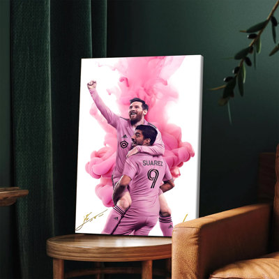 Affiche encadrée (1 pièce) : Lionel Messi et Luis Suarez, célébration de l'Inter Miami, sur toile, décoration murale, affiche de star du football, idéale pour la maison, le bureau ou la salle de jeux, cadeau pour les fans, avec autographe.