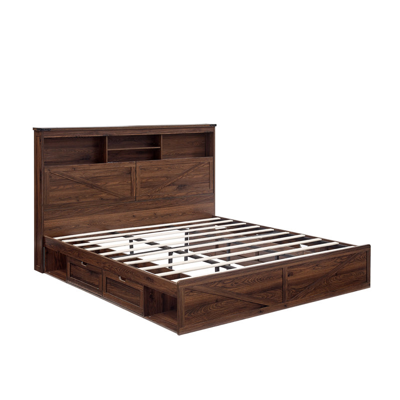 Farmhouse King Size Bed Frame With Led Light And Charging Station,Wooden Bed Frame With 52" High Storage Bookcase Headboard And 4 Drawers