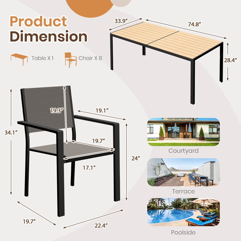 9-Piece Outdoor Dining Set with Rectangular Table and 8 Stackable  Textile Chairs, Brown