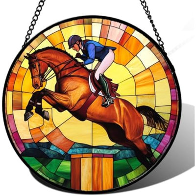 Stained Glass Window Hanging Equestrian Sports Large 15" - Horse Suncatcher Door Garden Sunroom Sun Catcher Home Decor Birthday Christmas For Mom Men Woman Nana