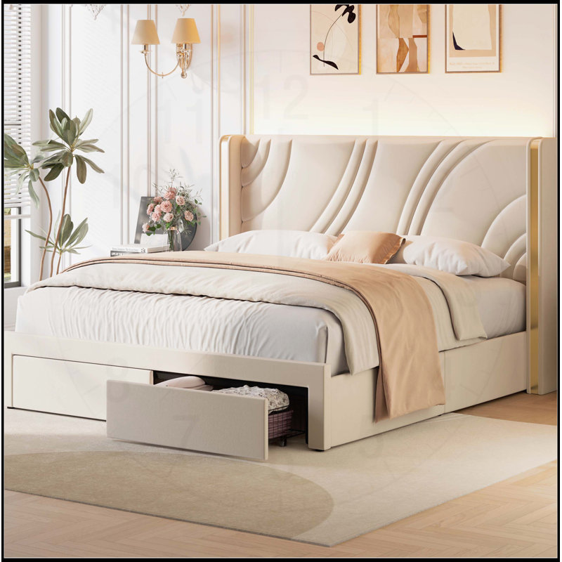 Upholstered LED Bed Frame with Storage, Velvet Platform, Wingback Headboard, RGB Light, Wooden Slats, No Box Spring, Beige