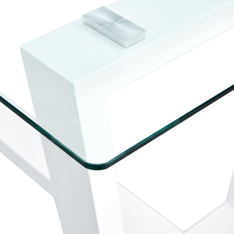 Superbe table de salle à manger en verre avec plateau trempé de 0,4 po et support blanc, rehaussant votre espace de support rectangulaire tendance pour un look chic