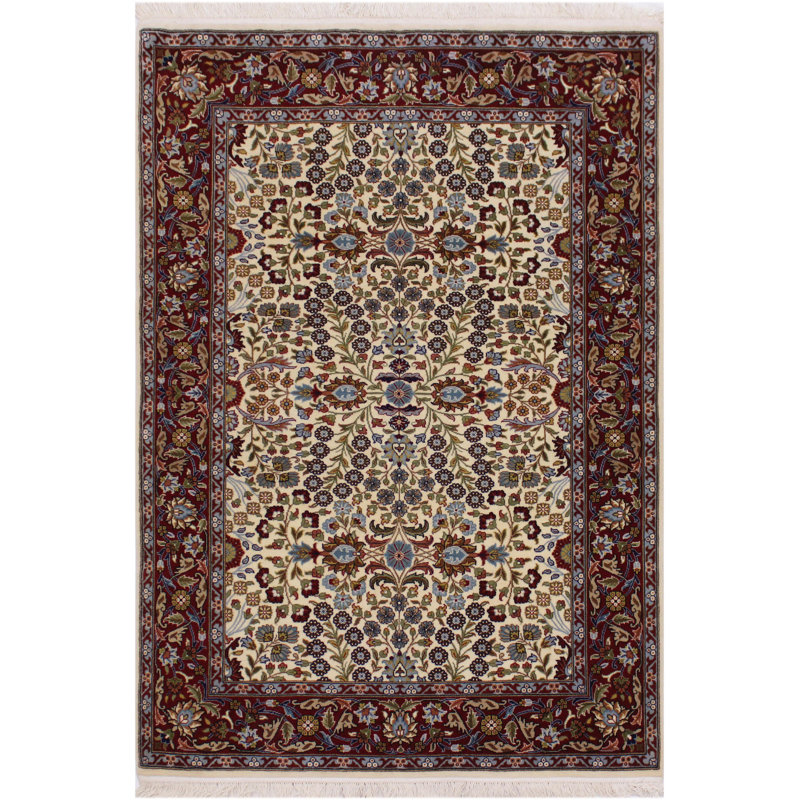 Tapis oriental ivoire / vert en laine et soie noué à la main 4 pi x 6 pi Madora