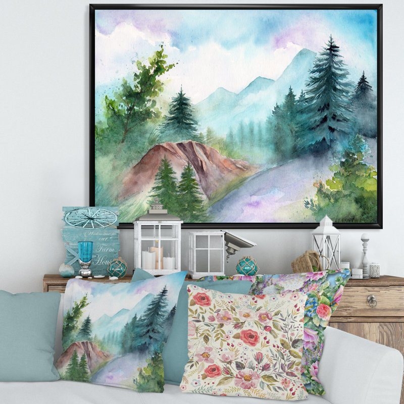 «Landscape with Forest Road and Distant Mountains», reproduction sur toile, H 12 po x l 20 po, Toile à cadre flottant noir