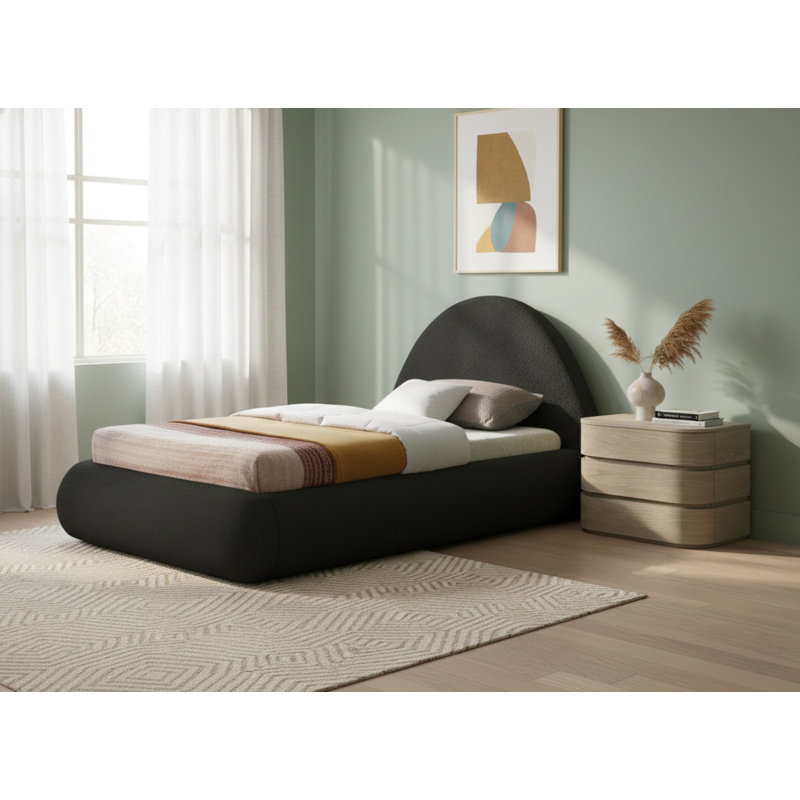 Rudy Upholstered Bed, Black Faux Shearling Teddy Fabric, Twin