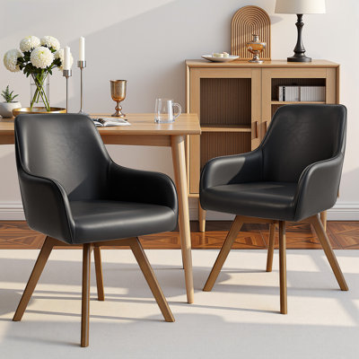 Advika 4.3" Thick Sponge Cushioned Seat, Mid-Century Modern Swivel Dining Chair, 360° Rotating Upholstered Armchair With PU Leather, Beech Wood Legs, Ergonomic High Back & Armrests, Comfortable Accent Chair
