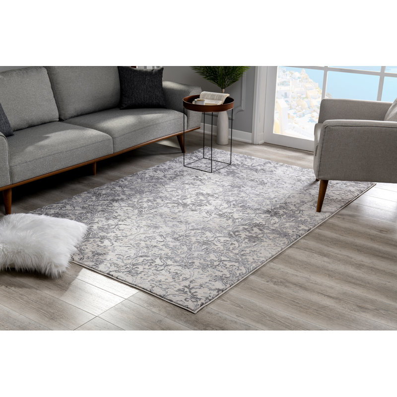 Tapis abstrait en polyester tissé à la machine en crème / gris, Rectangle 5 pi 3 po x 7 pi 6 po