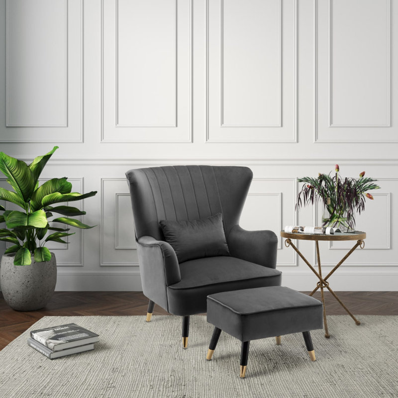 77Cm Wide Plush Velvet Modern Wingback Chair and Ottoman, Dark Grey, Velvet