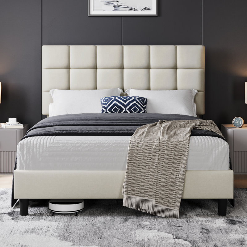 Size Modern Upholstered Bed Frame with Adjustable Square Tufted Headboard, Kingsize (5'), Beige