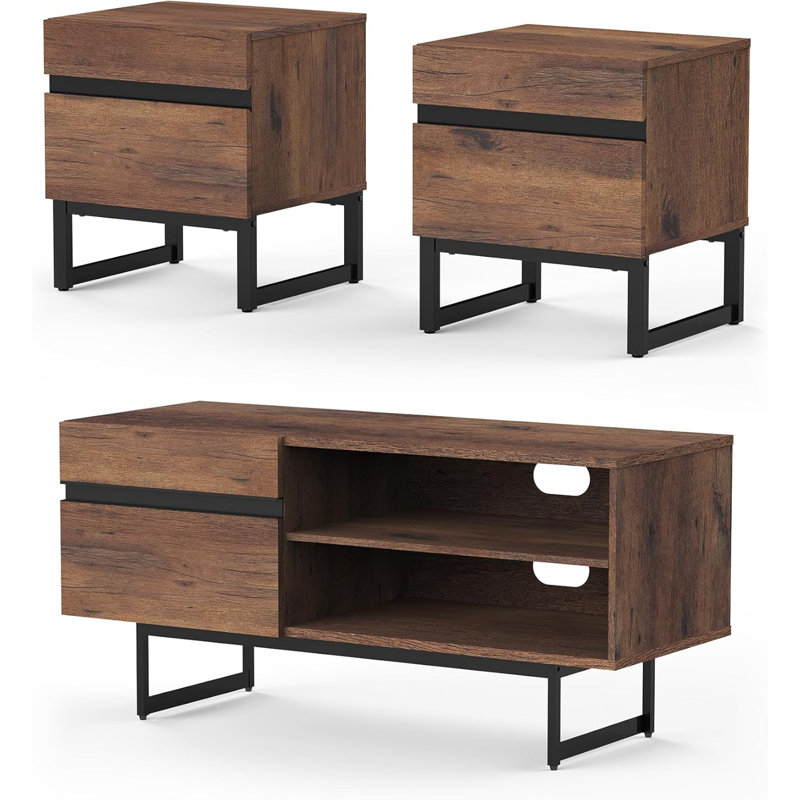 Ensemble de table de salon moderne 3 pièces, meuble télé de 42 pouces avec armoire de rangement et table de bout avec 2 tiroirs pour le salon, le centre de divertissement et la console