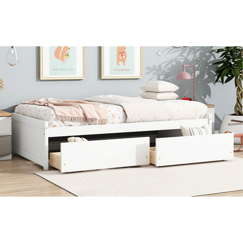 Twin Bed With 2 Drawers, Solid Rubber Wood, White Finish, Comfortable Sleep, Easy Assembly Quiet Drawer Movement, Space - Saving Solution