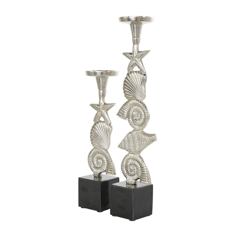 Aluminum Metal Shell Decorative Candle Holder with Black Marble Bases Set, Silver