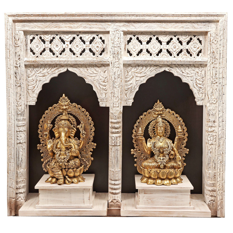 Grand temple en laiton sculpté à la main de 40 po Ganesha et Lakshmi