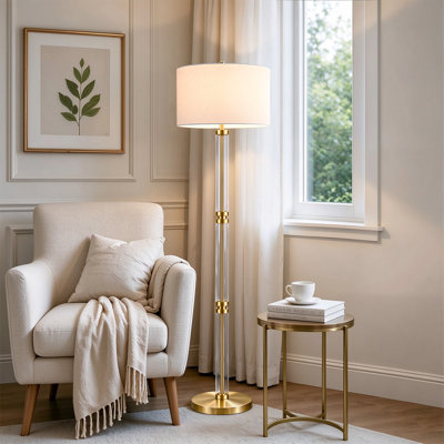 Lampadaire moderne de luxe de 158 cm (62,3 po) en métal et verre, finition bronze antique, avec éclairage à intensité variable à 3 niveaux et abat-jour cylindrique en lin.