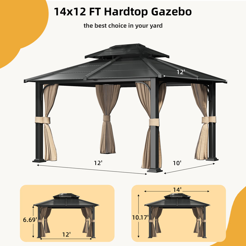 14 Ft. W x 12 Ft. D Hardtop Gazebo, Double layered Roof Gazebo