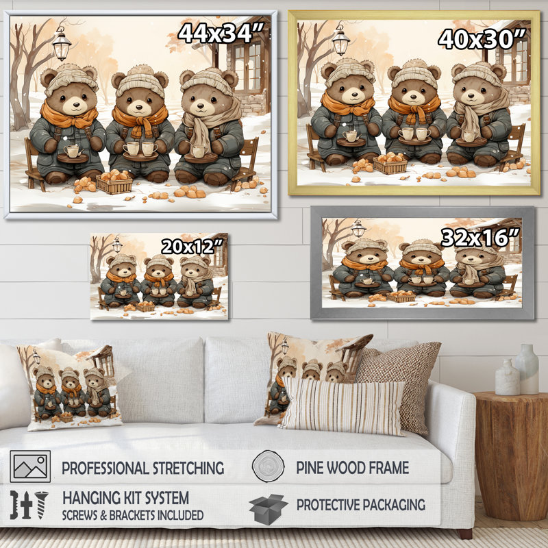 Ours en peluche d'hiver Snuggles II - art mural de l'ours en peluche, Cadre d'angle fermé noir, H 24 po x l 32 po x P 1 po