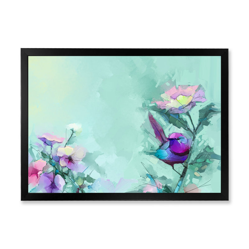 «Paintbrush Mauve and Turquoise Bird», reproduction sur toile flottante, H 12 po x l 20 po x P 1 po, Cadre noir