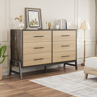 Commode spacieuse à 6 tiroirs au design moderne – Coffre en bois large pour chambre, salon, couloir – Grande capacité, solide, meuble noir avec façades de tiroirs en bois naturel