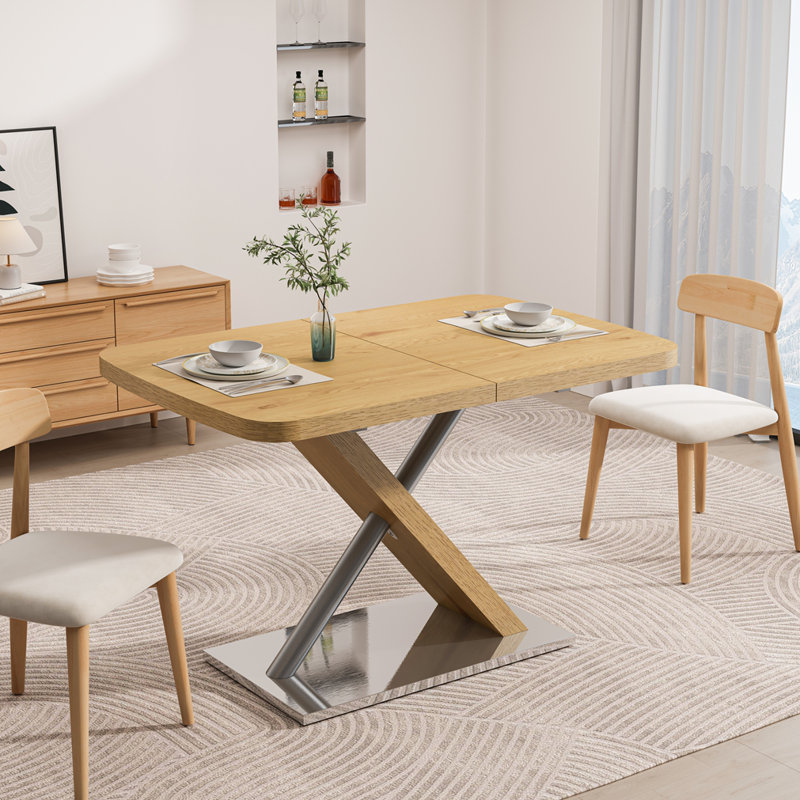 Table rétractable avec base en métal et tubes en acier inoxydable, Naturel