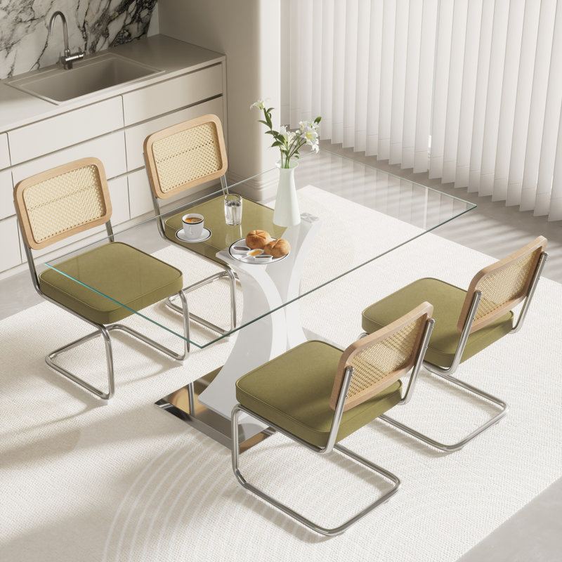 Ensemble de salle à manger rectangulaire, Vert olive, Blanc, 5 pièces: table, 4 chaises