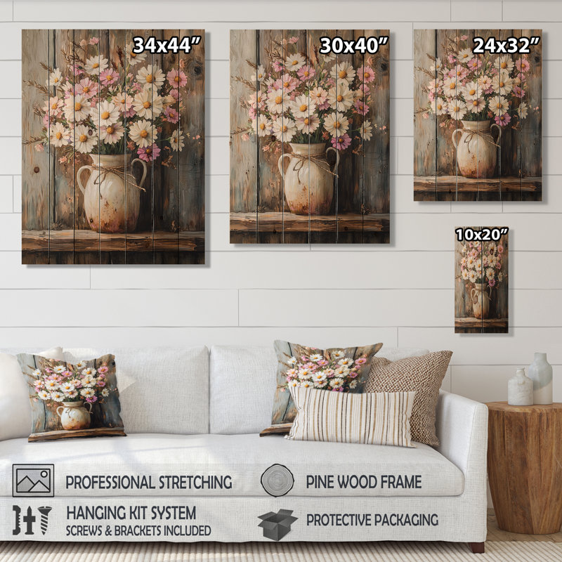 «Farm Daisies Bouquet Into A A Milk Vase I», reproduction sur bois de marguerites - sur bois de pin naturel